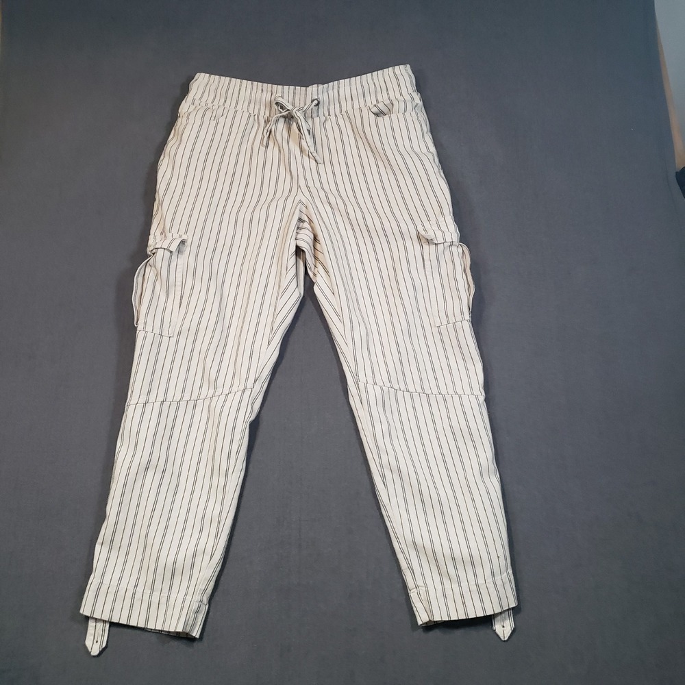 Rewash Cargo Pants Womens Medium Cream Black Pinstripe Linen Blend Jogger
